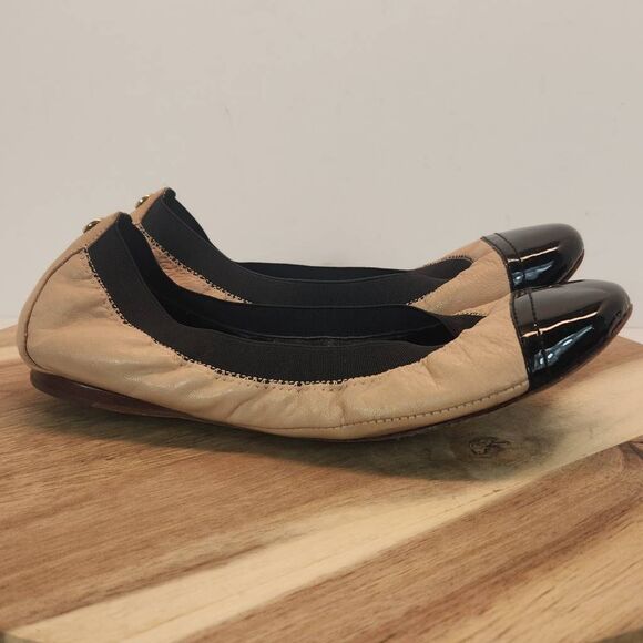 Tory Burch Bridgette Honeywheat Black Leather Quilted Cap Toe Ballet Flats 6 M - Picture 1 of 10